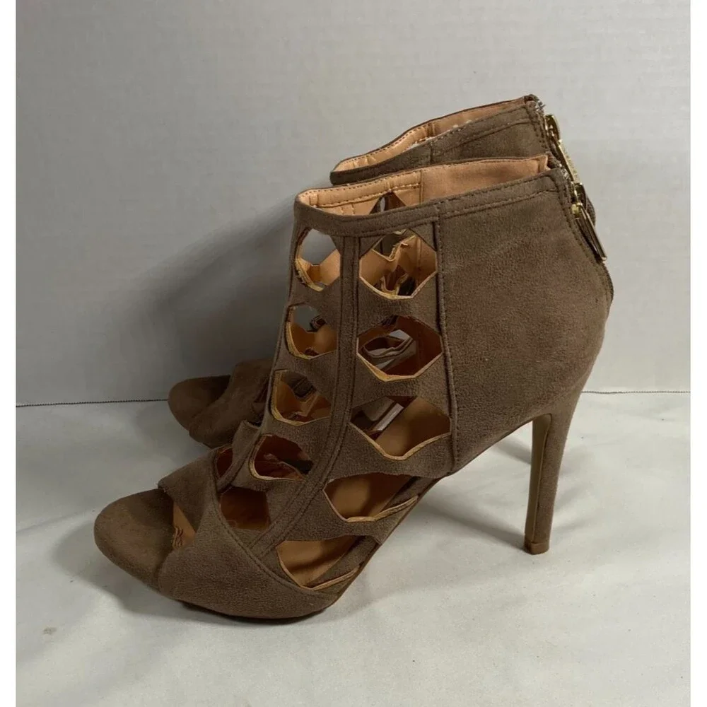 Yoki Womens Brown Suede Cage Cutout Peep Toe Sandal Bootie Heels